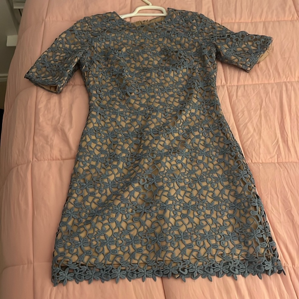 blue and beige dress